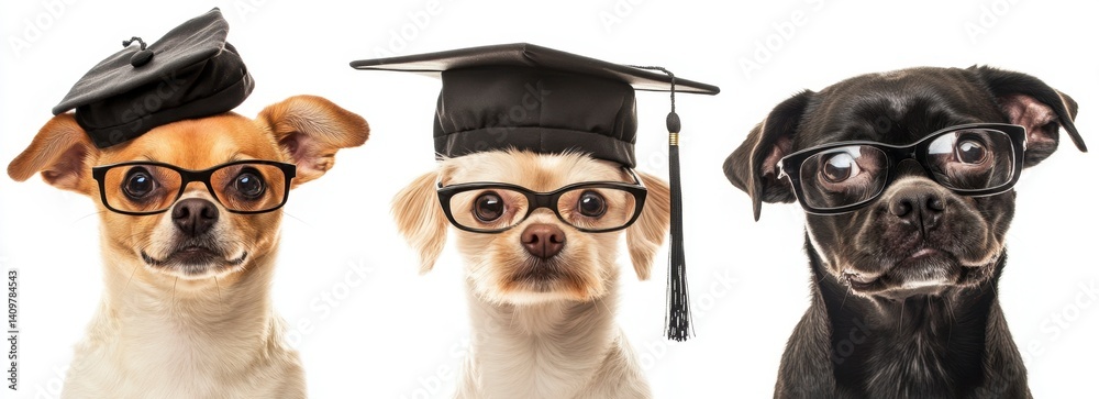 Fototapeta premium Three Adorable Dogs in Graduating Caps and Glasses Celebrating Education