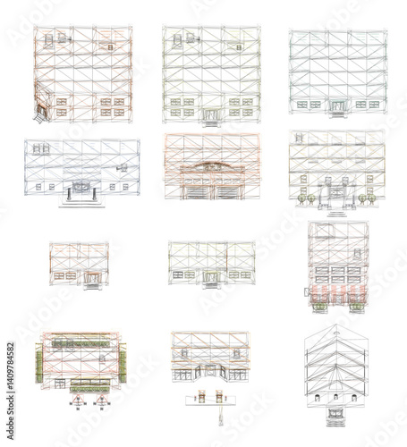 A series of architectural wireframe illustrations showcasing various building designs. The vector-based drawings highlight structural details, including facades, windows, doors, and rooflines