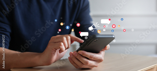close up businessman hand use smartphone to work about futuristic of social media and business on online marketing with icon for internet network technology and business concept