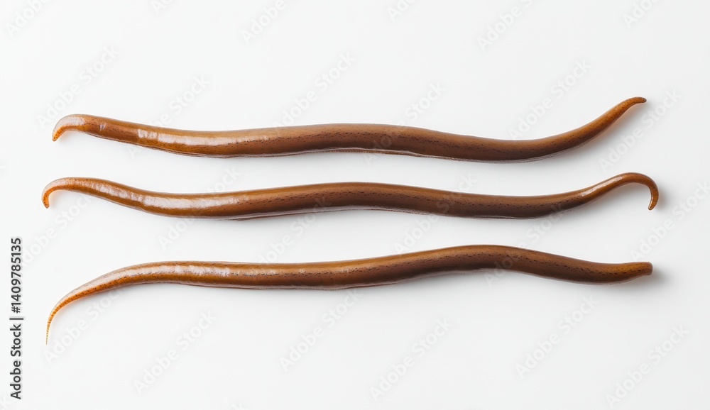 Three Long Brown Eels Displayed on a Clean White Surface Three Long Brown Eels Displayed on a Clean White Surface