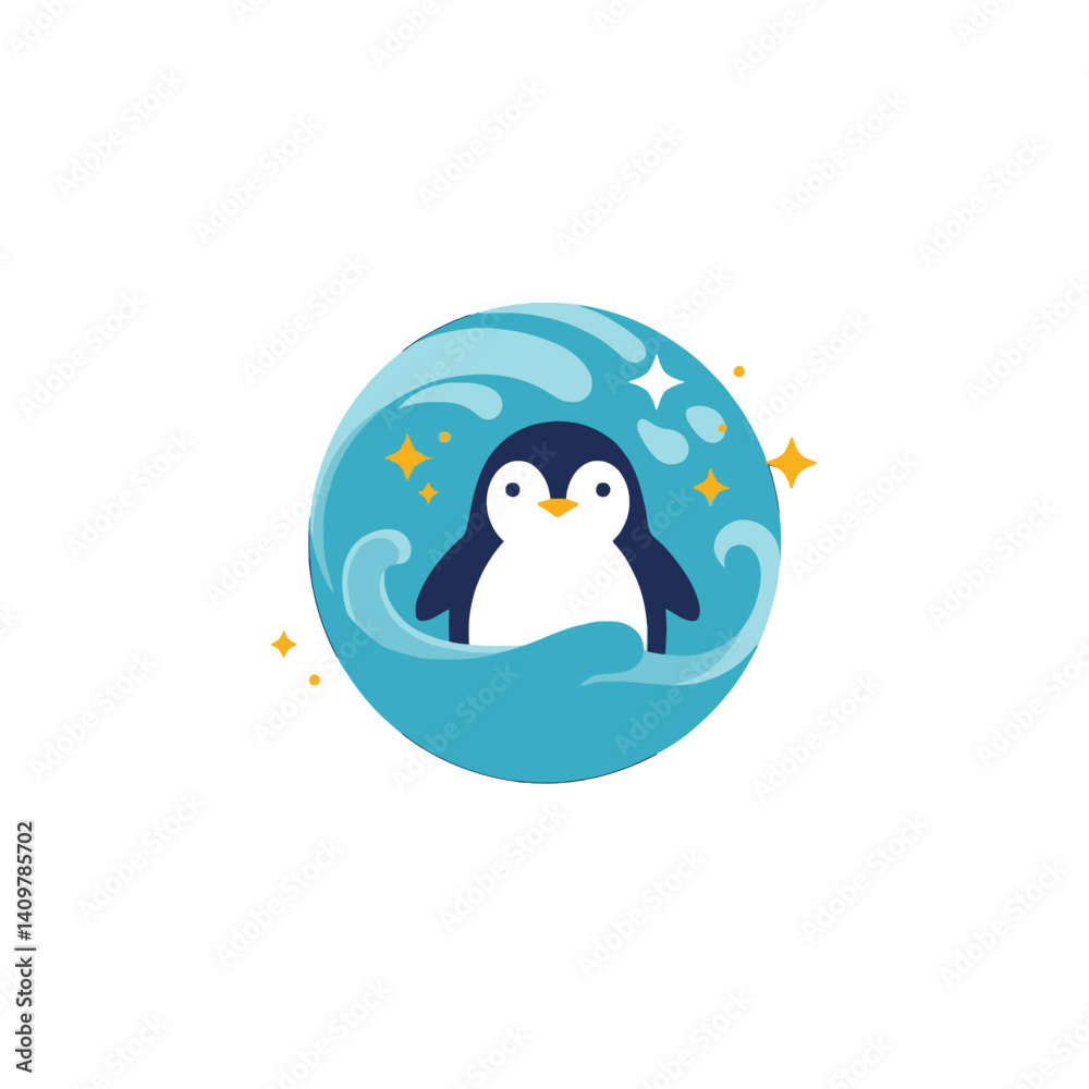 Naklejka premium Cute Penguin Swimming in the Ocean Waves