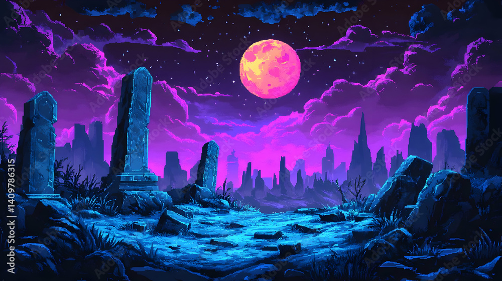 Obraz premium Pixel Art Landscape with a Pink Moon and Starry Sky over Ancient Blue Ruins at Nightfall