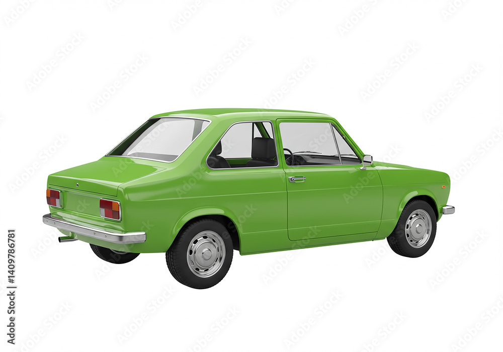Green car on white background. A small vehicle with shiny paint shown from behind. Good for transportation or travel related images. Green car on white background. A small vehicle with shiny paint shown from behind. Good for transportation or travel related images.