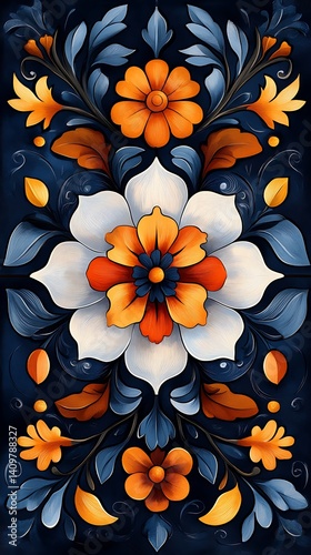 Vibrant Floral Phone Wallpaper  White Orange & Blue Flowers with Intricate Leaves on Dark Background | Vertical HD Mobile Background

