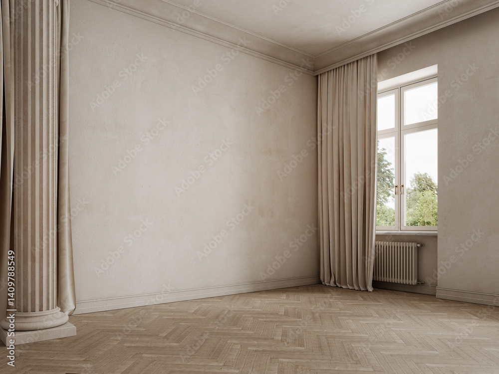 Fototapeta premium Classic beige empty interior with column, curtains and parquet wood floor. 3d render illustration mockup.