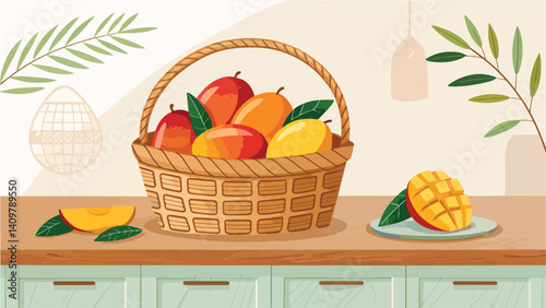 Mango with Mango slice in wicker basket on table in kitchen, Mango Illustration vector design