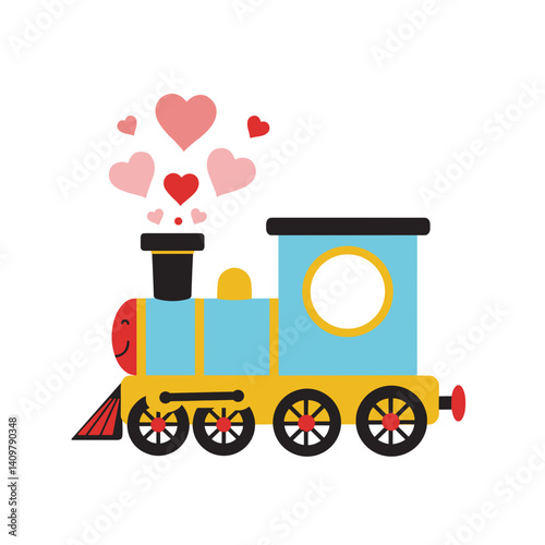 Cute children's train with smoke from hearts, for children's themes, books, holidays