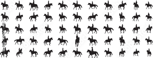 set of equestrian silhouette black and white in many profile side front view