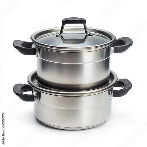 Stainless steel stackable cooking pots with lids for kitchen set food home chef grey metal shiny