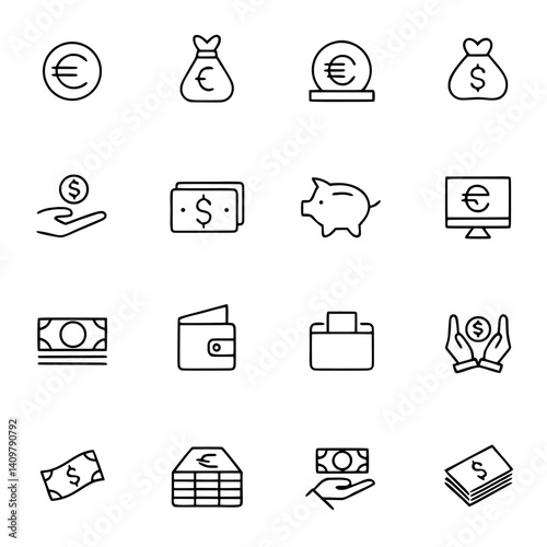 Vector line art icons set of money currency finance investment banking business elements