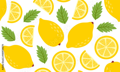 Lemon and mint seamless pattern. Homemade lemonade background design. Fresh juicy citrus fruits and drinks. Flat Vector illustration