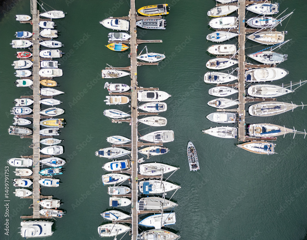 Drone view of marina in Funchal city, capital of Madeira Island, Portugal