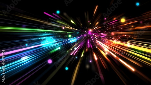 Vibrant abstract digital art with dynamic multicolored streaks on a black background, creating a sense of motion and energy. Ideal for creative and technology themes.