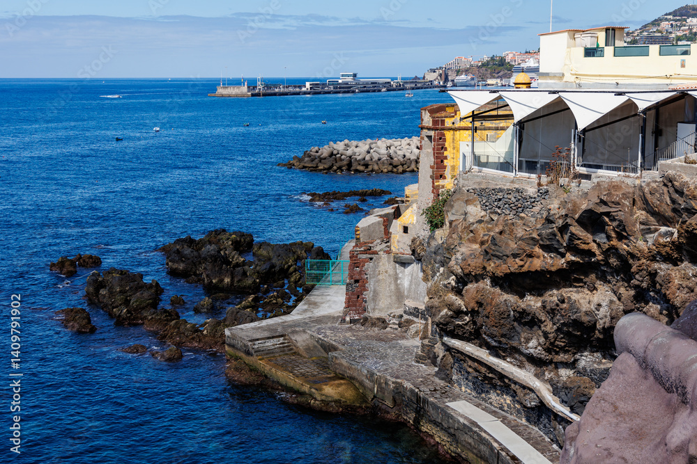 Ocean view with Sao Tiago fortress in Funchal city, capital of Madeira Island, Portugal