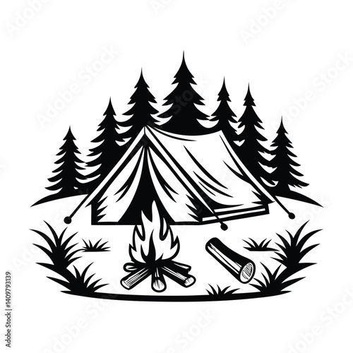 Black and White Camping with Tent, Fire, Trees, and Grass