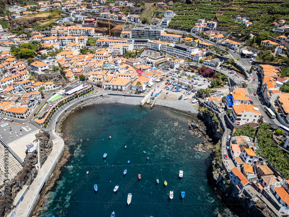 Aerial view of port in Camara de Lobos on Madeira Island, Portugal