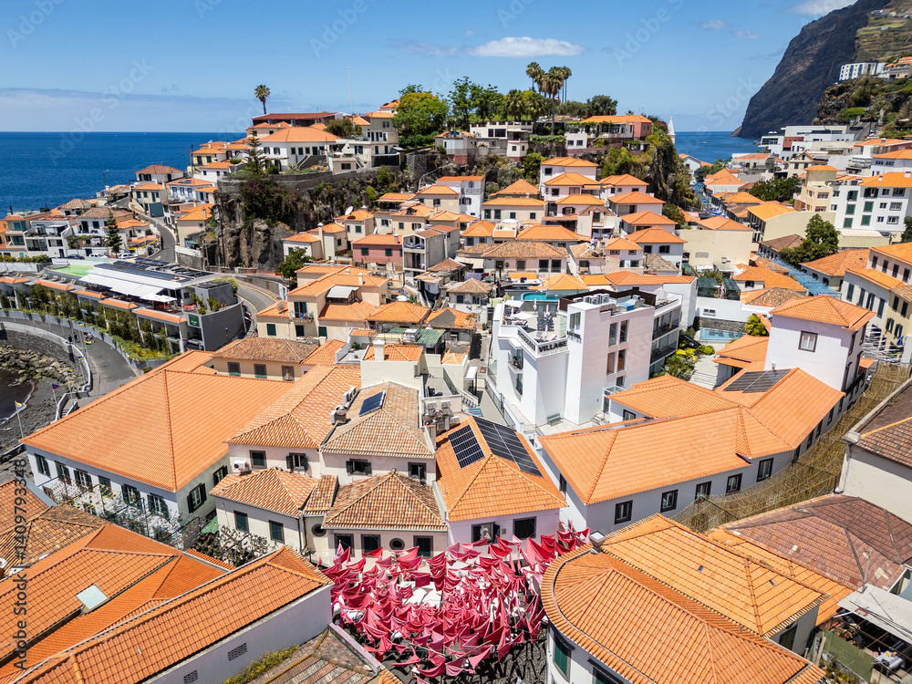 Camara de Lobos, Portugal - June 11, 2024: Aerial view of Camara de Lobos on Madeira Island, Portugal