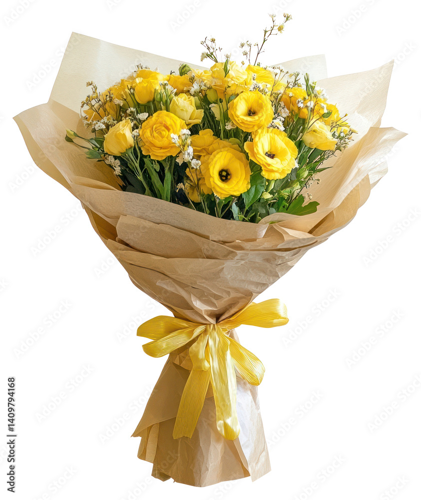 PNG Yellow tone flowers bouquet ribbon paper arrangement.
