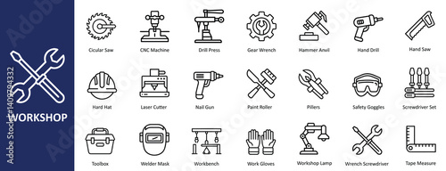Workshop Tools and Equipment Vector Outline Icons Set