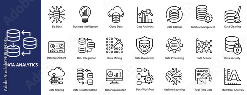 Data Analytics & Big Data Icons Collection. Data Analytics Vector Outline Icon Set