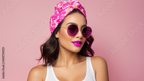 Stylish woman posing with sunglasses and a colorful headscarf against a pink background during a bright day Generative AI