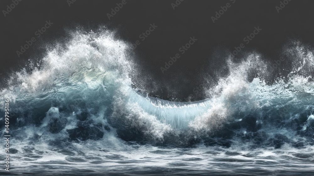 A powerful ocean wave crashes against the dark gray horizon. A powerful ocean wave crashes against the dark gray horizon.