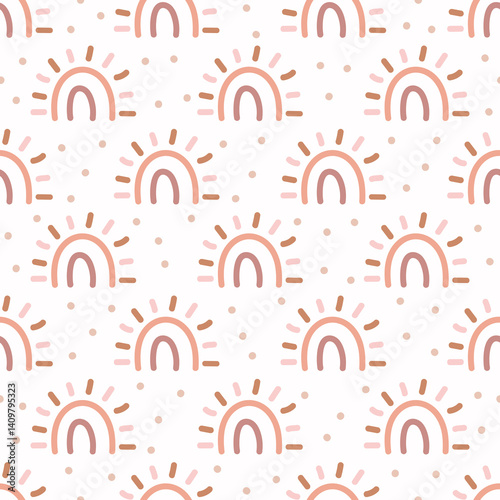 Soft, pastel boho rainbow pattern with sunburst details and scattered dots. Gentle, repeating design with a cute, whimsical feel. Ideal for children's products.