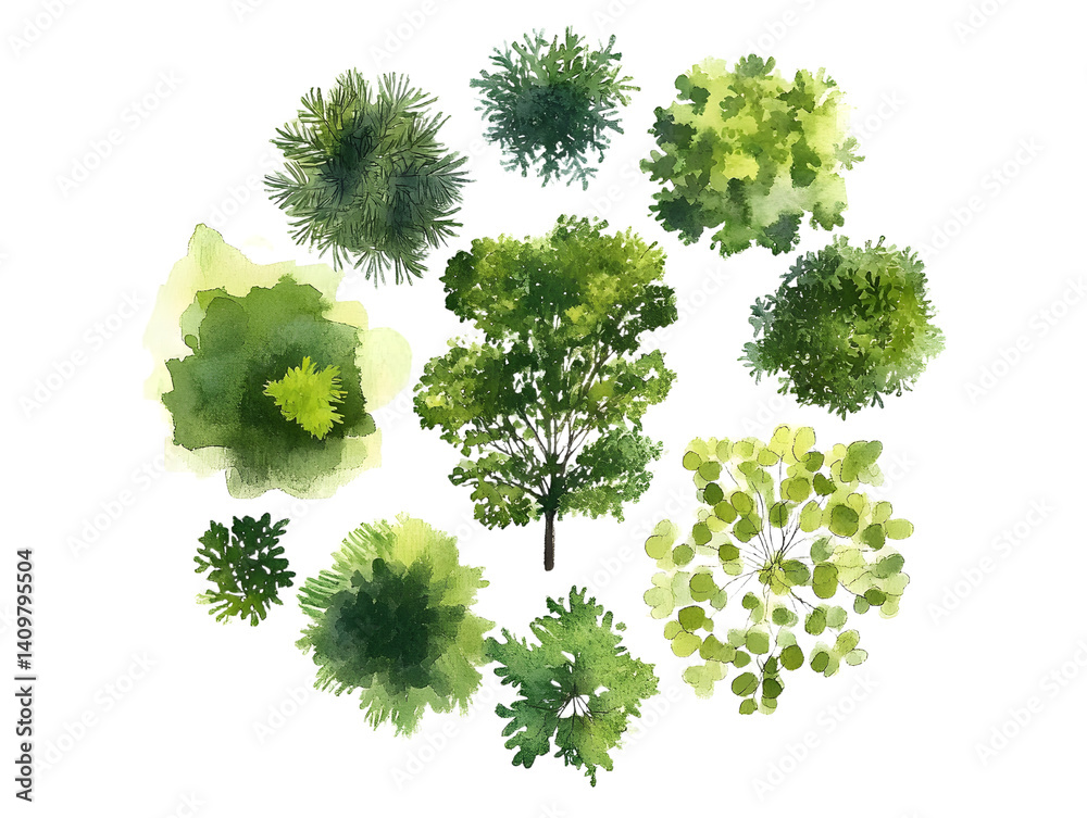 Fototapeta premium tree top watercolor hand drawn view isolated on white background for landscape plan and architecture layout drawing, elements for environment and garden