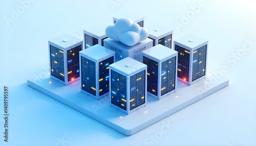 A sleek, isometric 3D render of a modern data center. The structure consists of multiple server buildings with glowing blue and yellow LED lights, symbolizing cloud storage and digital connectivity