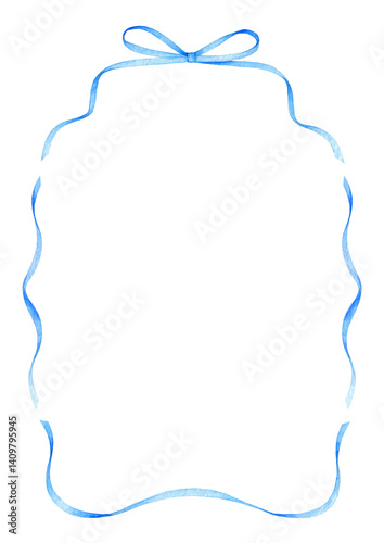 Curved rectangular frame made of blue ribbon with bow on top. Watercolor border template isolated on white background. Design for greeting card, invitation, postcard, banner, poster