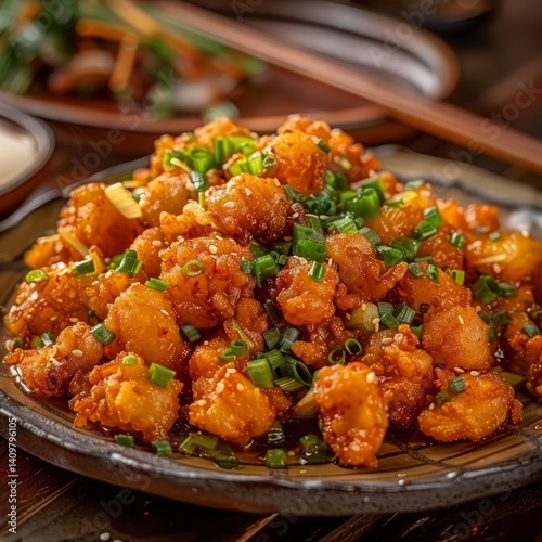 The dish is garnished with fresh green herbs, chopped green onions, scattered on the plate and around it.