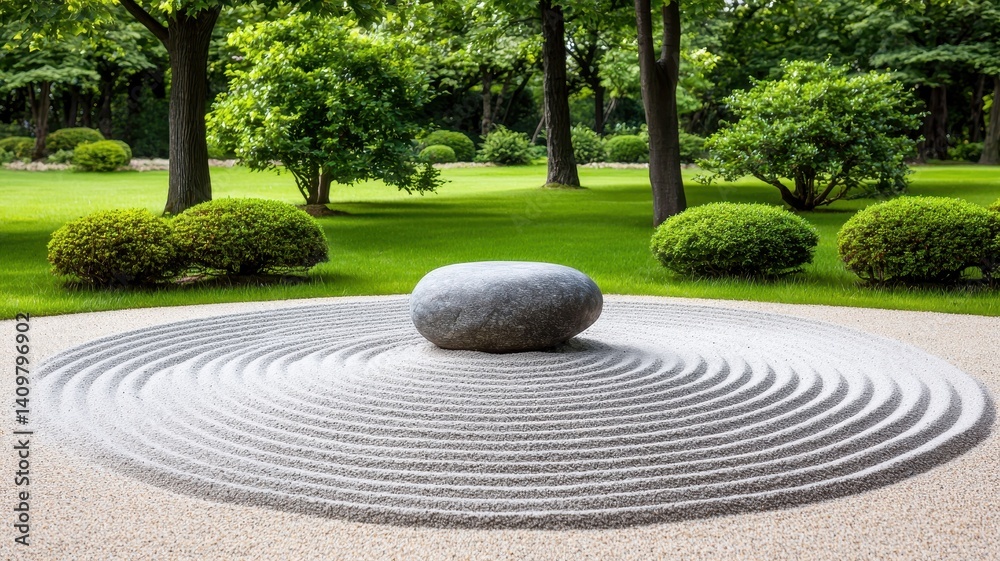 Burnout recovery, rest and lifestyle concept. A serene garden featuring a central rock surrounded by meticulously raked gravel, symbolizing tranquility and balance in nature. Burnout recovery, rest and lifestyle concept. A serene garden featuring a central rock surrounded by meticulously raked gravel, symbolizing tranquility and balance in nature.