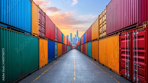 Wallpaper Mural Symmetrical cargo container rows extending into distance with city skyline backdrop, precise alignment, clean industrial zone, modern commerce aesthetic, balanced tones Torontodigital.ca