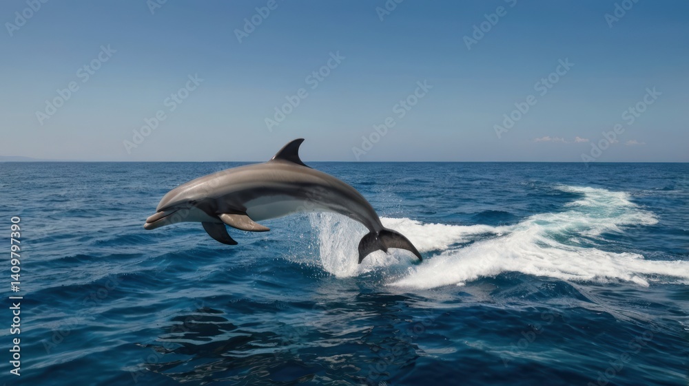 Fototapeta premium Dolphin leaping in ocean, clear blue sky