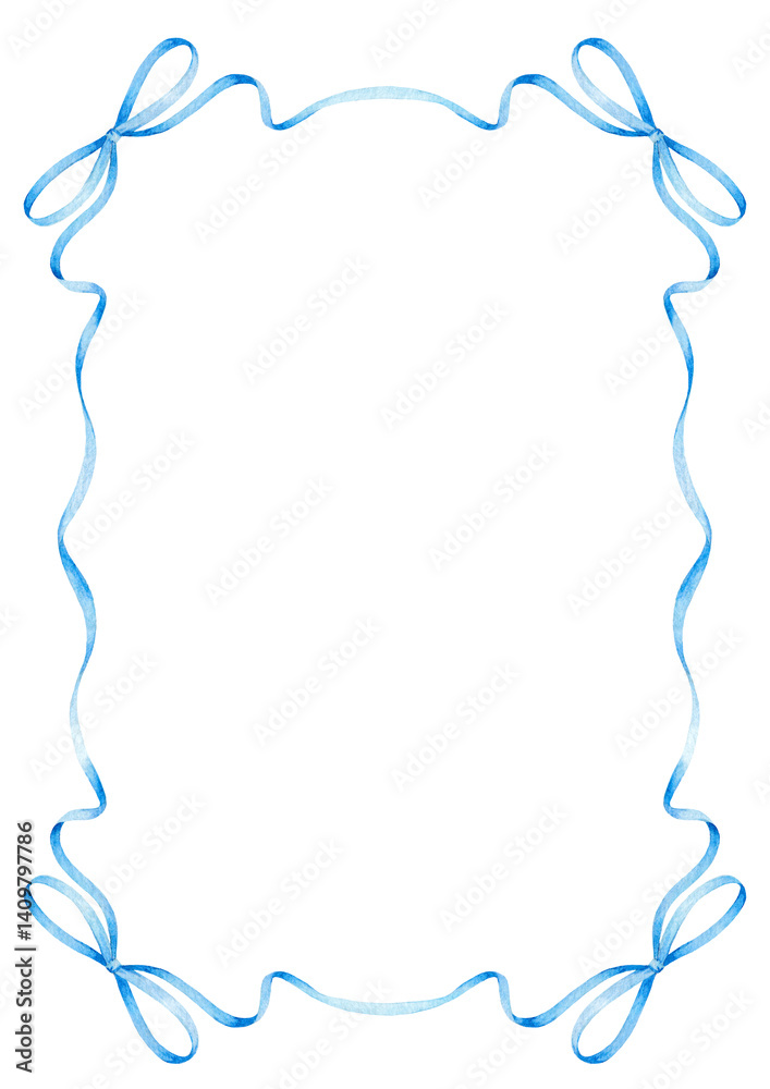 Blue ribbon frame with four bows on white background. Watercolor hand drawn border illustration. Celebration and greeting card concept for design, print, banner, postcard, invitation, greeting card Blue ribbon frame with four bows on white background. Watercolor hand drawn border illustration. Celebration and greeting card concept for design, print, banner, postcard, invitation, greeting card