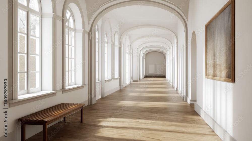 Empty hallway with white walls, wooden bench, and single piece of art Empty hallway with white walls, wooden bench, and single piece of art