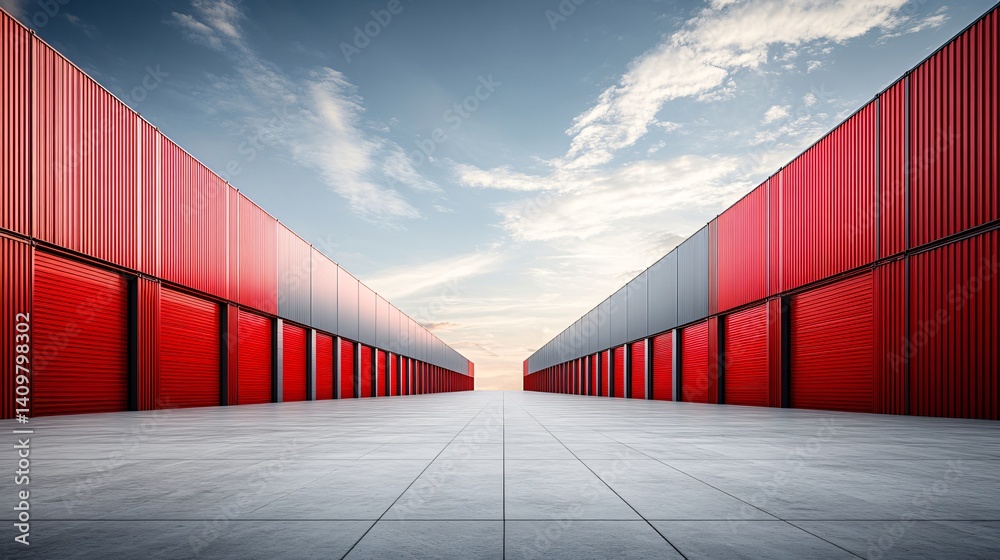 Fototapeta premium Commerce platform with only red containers in a clean, gray yard, aesthetic color blocking, smooth ground texture, high-definition logistics hub