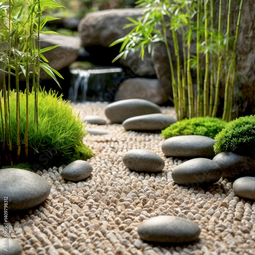 Morning Japanese Zen garden, stones and moss, close-up. Generated AI illustration.