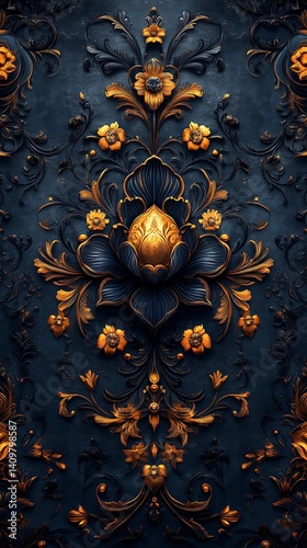 Luxurious Floral Phone Wallpaper  Dark Blue & Gold Ornate Flowers with Elegant Scrolls | Vertical HD Mobile Background

