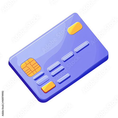 Isometric blue credit card with chip on transparent background Concept of online payment, banking, finance, shopping, and cashless transactions