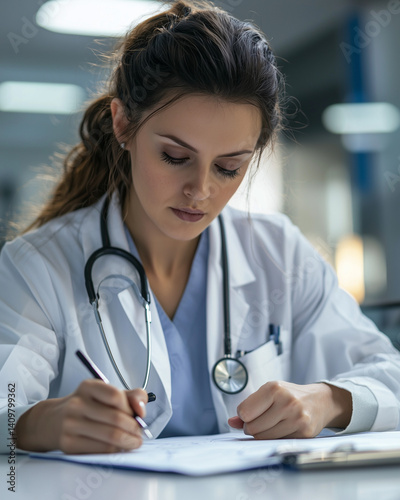 Thoughtful Healthcare Professional at Work: A dedicated healthcare professional focuses intently, documenting important medical details in a setting of compassion and care.