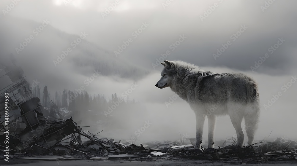 Obraz premium A wolf fading into mist, standing at the edge of a broken world