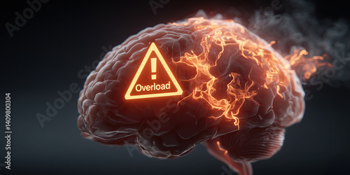 human brain with glowing Overload warning sign, emitting heat waves and energy surges