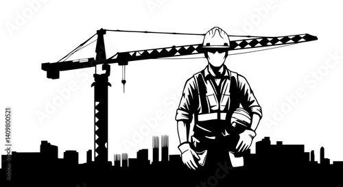 Construction worker standing proud representing labor against crane and city skyline