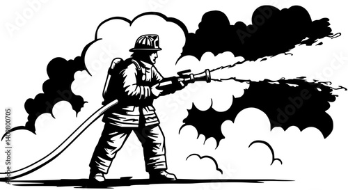 Firefighter battling bravely fighting fire with hose representing emergency services