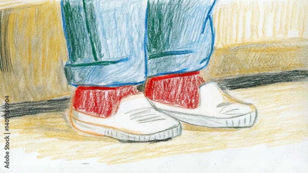 Casual sneakers resting on the ground in a colorful setting