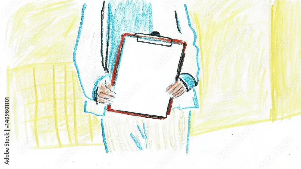 Person holding a blank clipboard with a colorful background