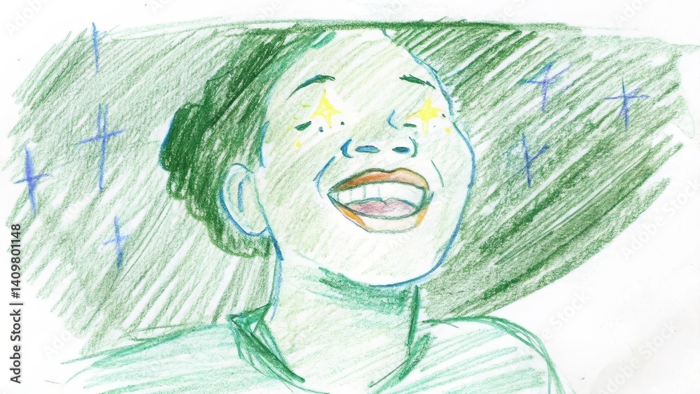 Joyful woman laughing with stars against a colorful background
