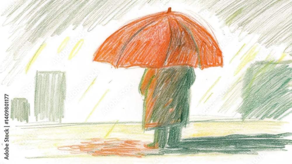 Person holding red umbrella in rain against city backdrop