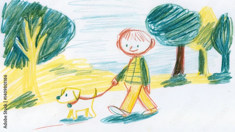 Child walking a dog in a colorful park